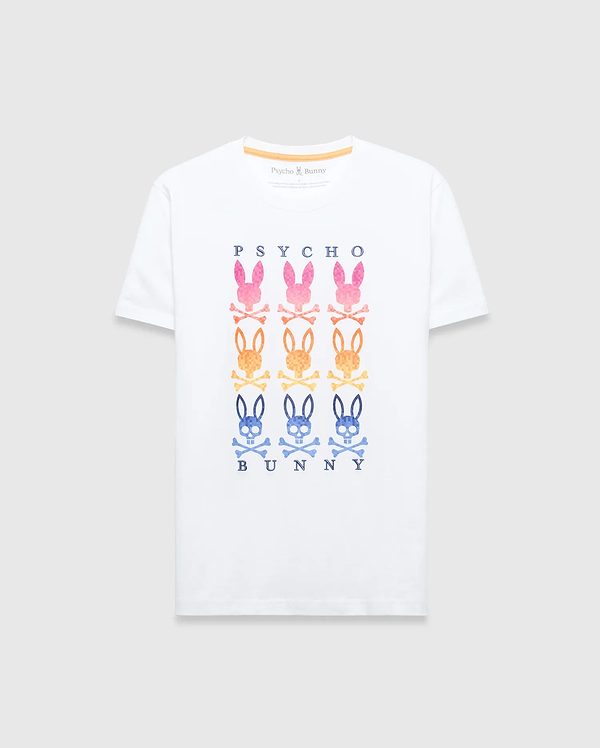 White Mens Colt Graphic Tee, classic fit jersey, featuring a bold chest graphic with PSYCHO text, six gradient pink, orange, and blue bunny skull logos, and BUNNY text.