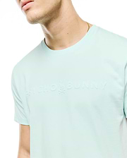 Men's Royce Graphic Tee, a light aqua classic fit jersey t-shirt with a large, tonal embossed Psycho Bunny text logo and iconic bunny skull on the chest. (3)