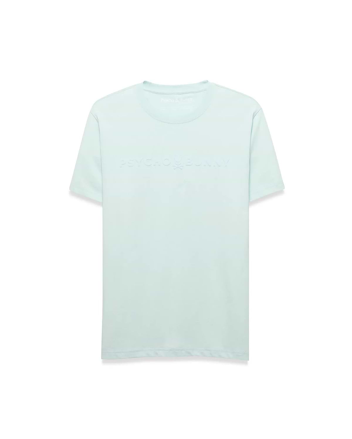 Men's Royce Graphic Tee, a mint green classic fit jersey t-shirt featuring a large tonal embossed Psycho Bunny logo and text centered on the chest. (1)