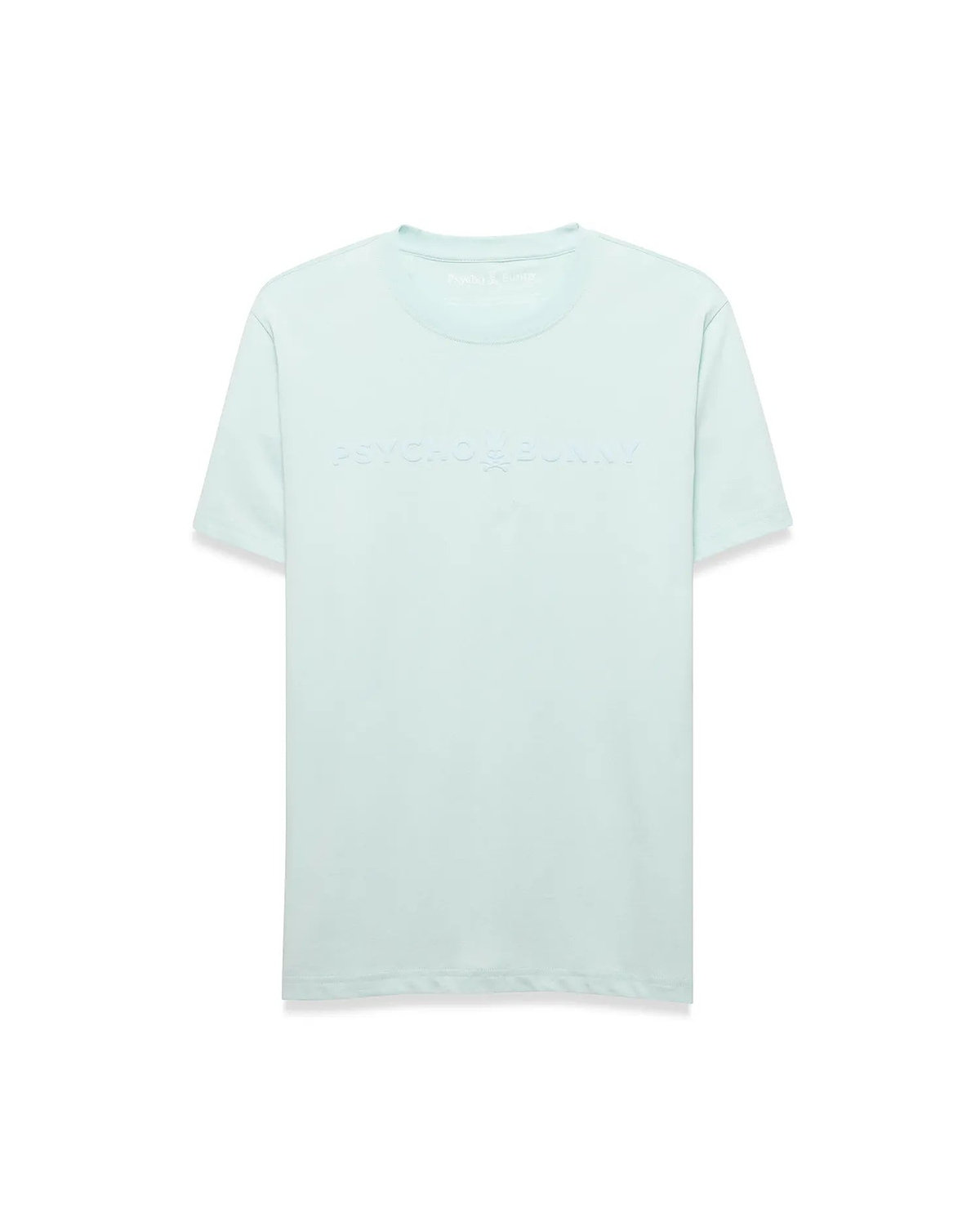 Men's Royce Graphic Tee, a mint green classic fit jersey t-shirt featuring a large tonal embossed Psycho Bunny logo and text centered on the chest. (1)