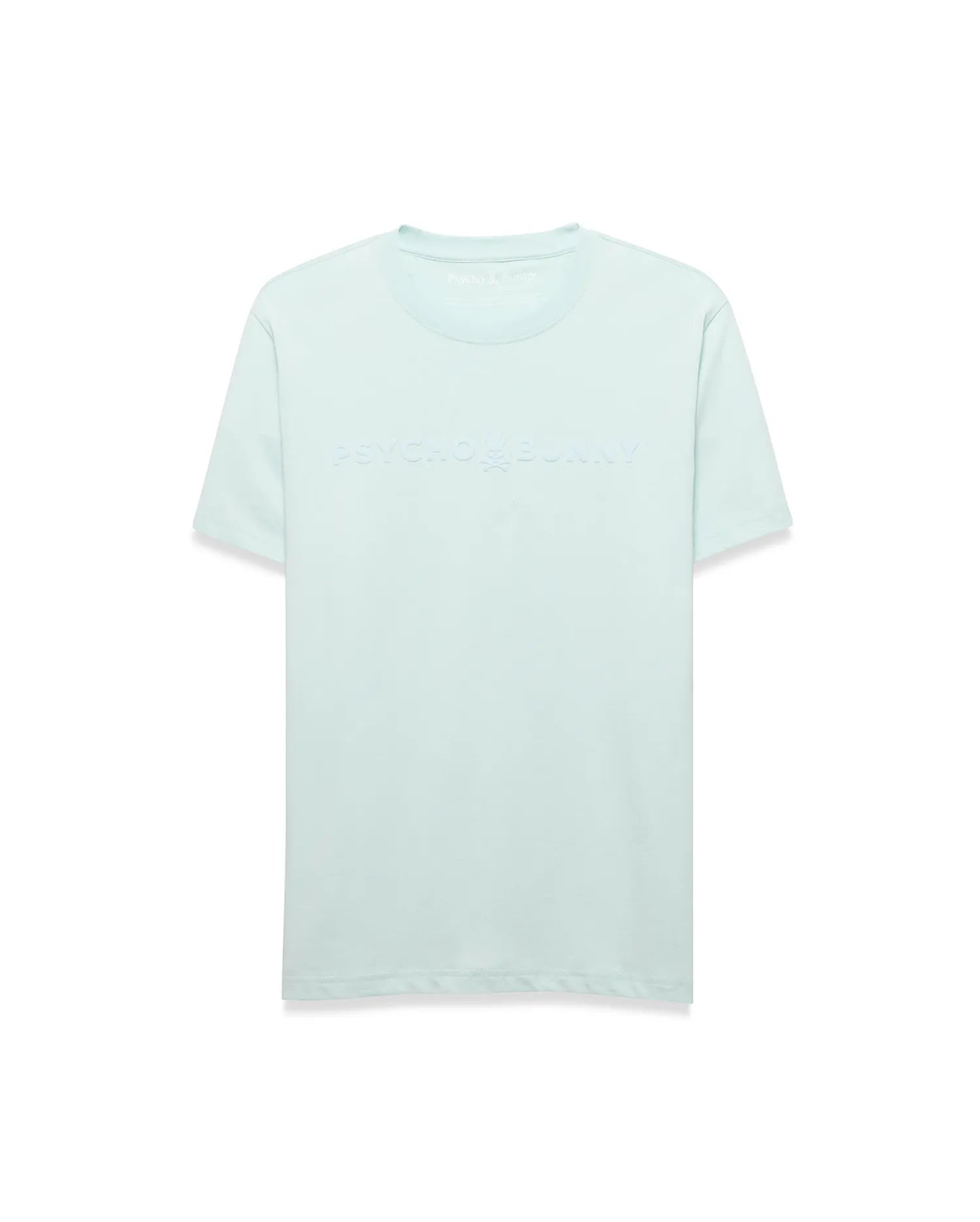 Men's Royce Graphic Tee, a mint green classic fit jersey t-shirt featuring a large tonal embossed Psycho Bunny logo and text centered on the chest. (1)