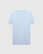 Mens Royce Graphic Tee in light blue, featuring a classic fit and smooth jersey knit fabric. A large, embossed Psycho Bunny text logo with the iconic skull graphic is centered on the chest.