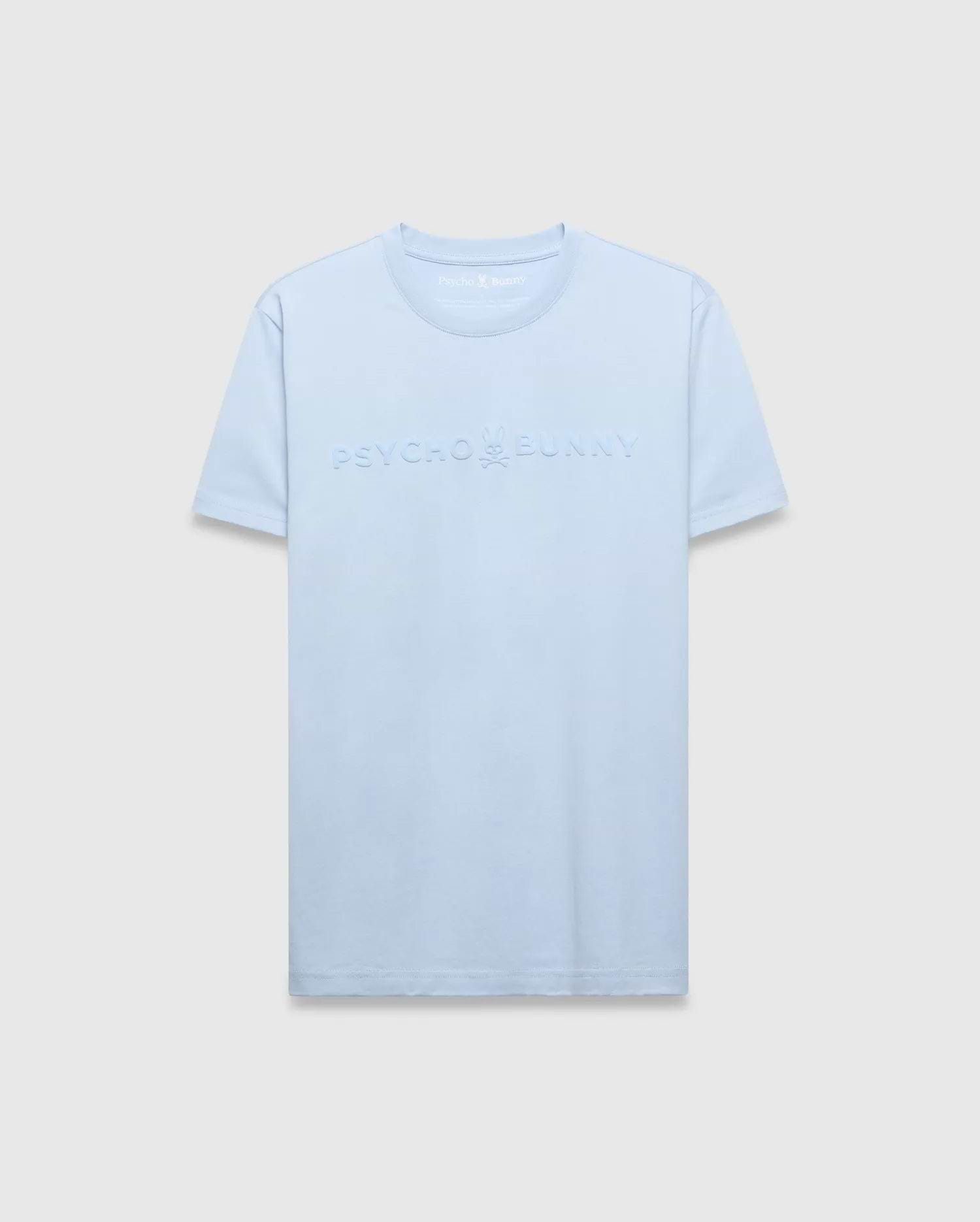 Mens Royce Graphic Tee in light blue, featuring a classic fit and smooth jersey knit fabric. A large, embossed Psycho Bunny text logo with the iconic skull graphic is centered on the chest.