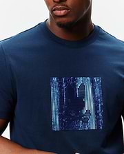 Mens Seamus Graphic Tee in navy blue, a classic fit jersey knit with a large, central, textured blue and purple striped bunny skull graphic.