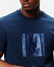 Mens Seamus Graphic Tee in navy blue, a classic fit jersey knit with a large, central, textured blue and purple striped bunny skull graphic.