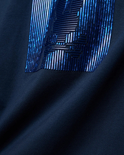 Mens Seamus Graphic Tee in classic navy jersey knit, showcasing a bold, large Psycho Bunny graphic print on the chest with raised dark blue lines over an abstract blue and purple pattern.