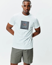 White Mens Langston Graphic Tee, classic fit, soft jersey knit, featuring a large center chest graphic of the multicolor Psycho Bunny skull logo within a striped square.