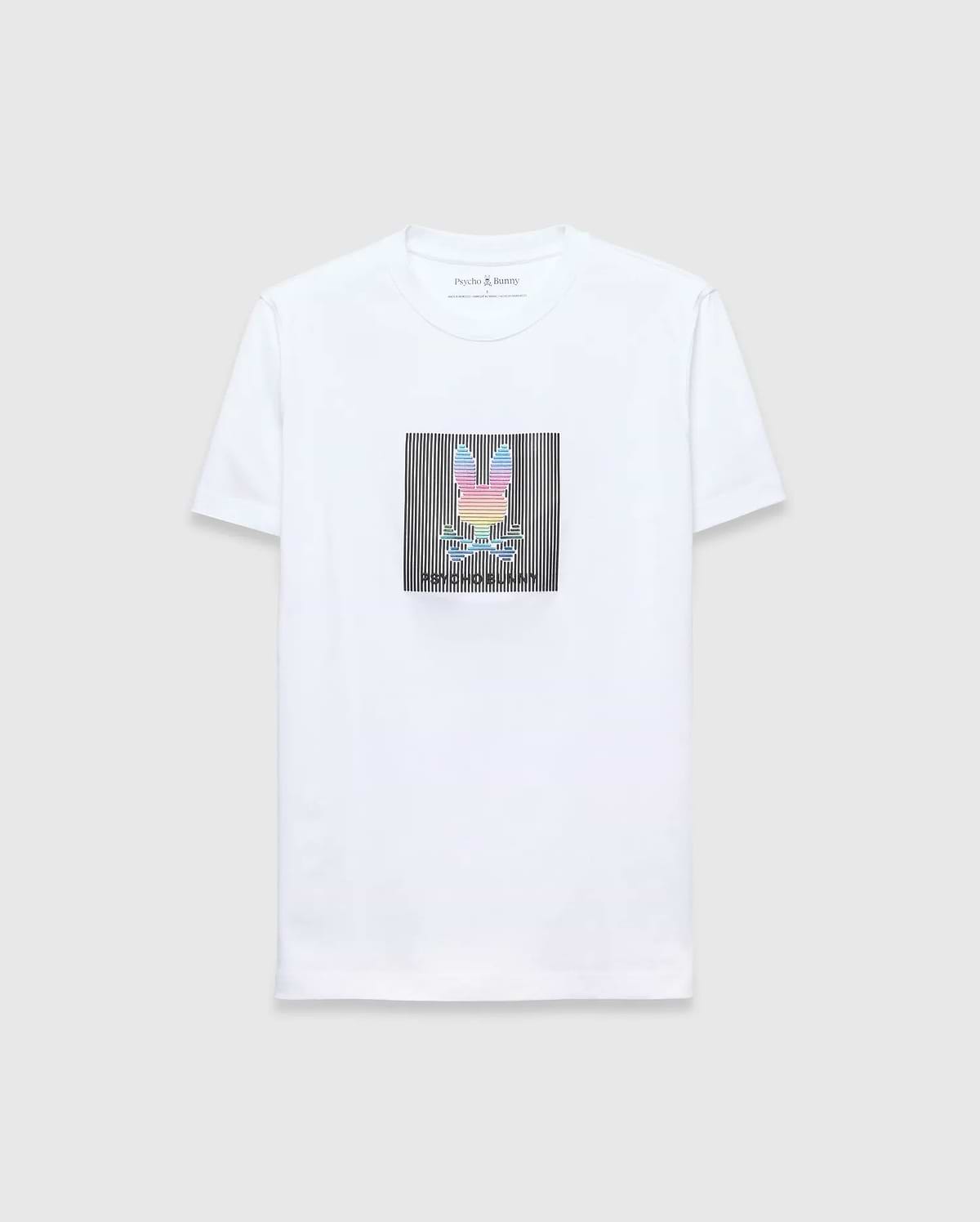 White Mens Langston Graphic Tee, classic fit jersey knit, featuring a large rainbow gradient layered Psycho Bunny skull logo graphic centered on a black vertical striped background on the chest.