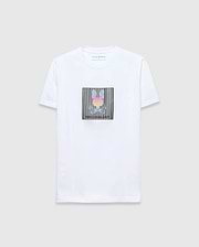 White Mens Langston Graphic Tee, classic fit jersey knit, featuring a large rainbow gradient layered Psycho Bunny skull logo graphic centered on a black vertical striped background on the chest.