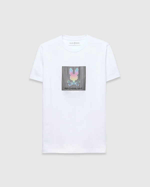 White Mens Langston Graphic Tee, classic fit jersey knit, featuring a large rainbow gradient layered Psycho Bunny skull logo graphic centered on a black vertical striped background on the chest.