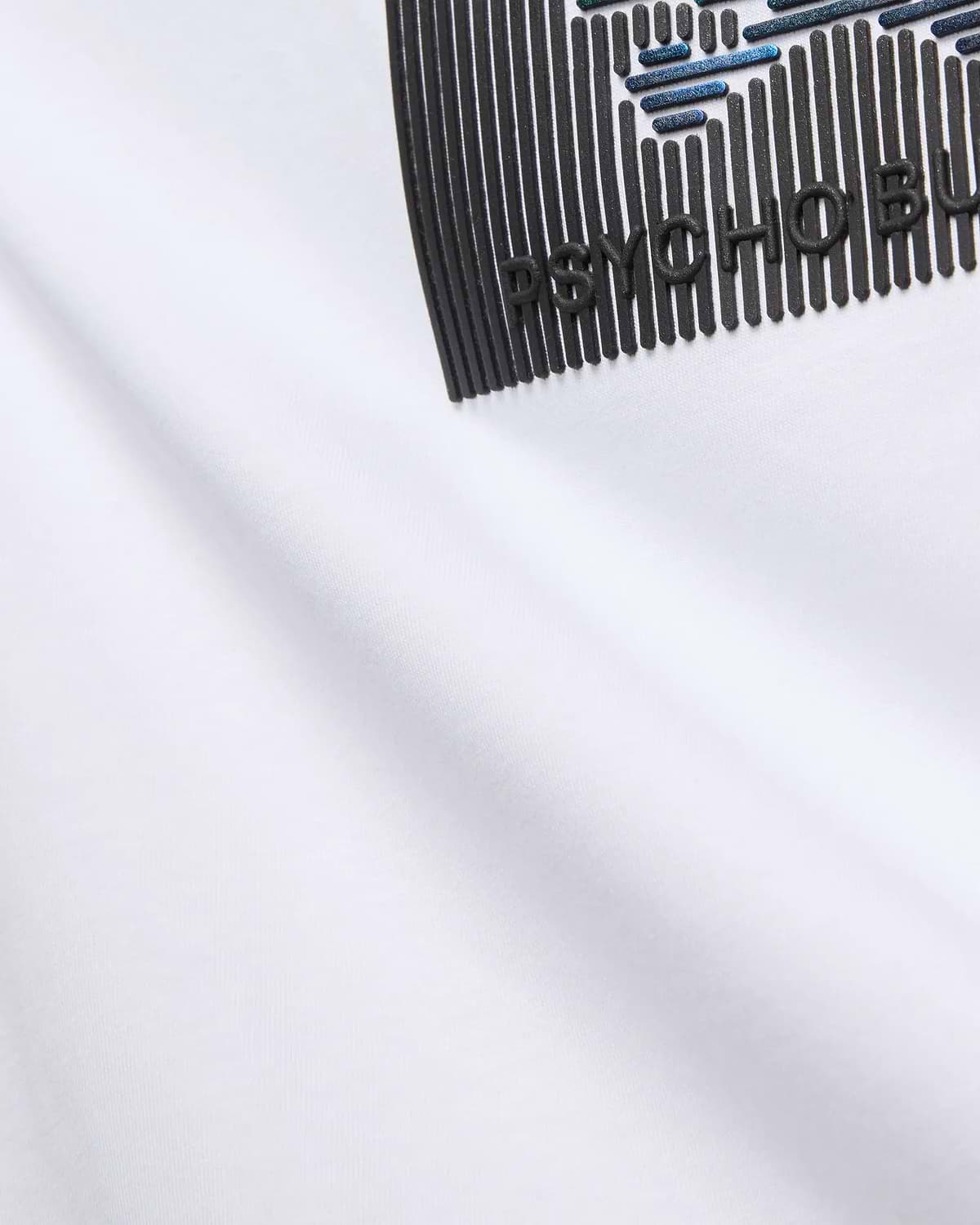 Mens Langston Graphic Tee, a white jersey knit t-shirt with a bold, textured black and blue graphic print featuring raised PSYCHO BUNNY lettering on the chest.