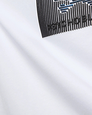 Mens Langston Graphic Tee, a white jersey knit t-shirt with a bold, textured black and blue graphic print featuring raised PSYCHO BUNNY lettering on the chest.