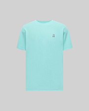 Mens Maxton Waffle Tee in aqua blue, featuring a classic fit and a textured waffle knit fabric. Small embroidered Psycho Bunny skull logo on the left chest with white, black, and red accents.