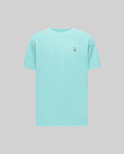 Mens Maxton Waffle Tee in aqua blue, featuring a classic fit and a textured waffle knit fabric. Small embroidered Psycho Bunny skull logo on the left chest with white, black, and red accents.