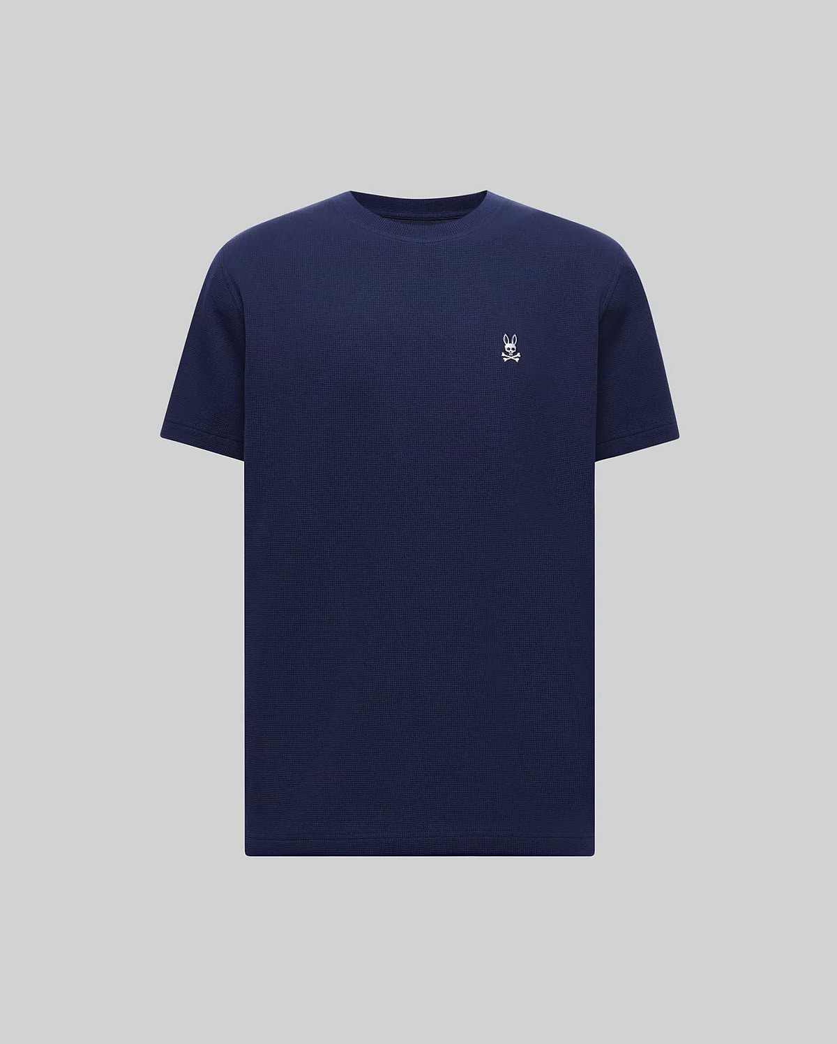 Mens Maxton Waffle Tee in navy, featuring a classic fit and waffle knit texture. Small white embroidered Psycho Bunny skull logo on the left chest.