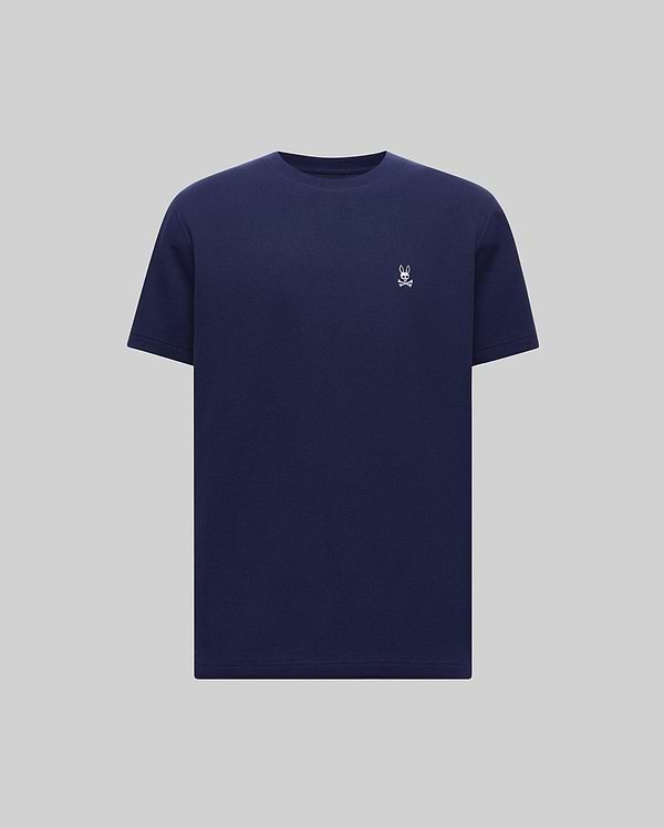 Mens Maxton Waffle Tee in navy, featuring a classic fit and waffle knit texture. Small white embroidered Psycho Bunny skull logo on the left chest.