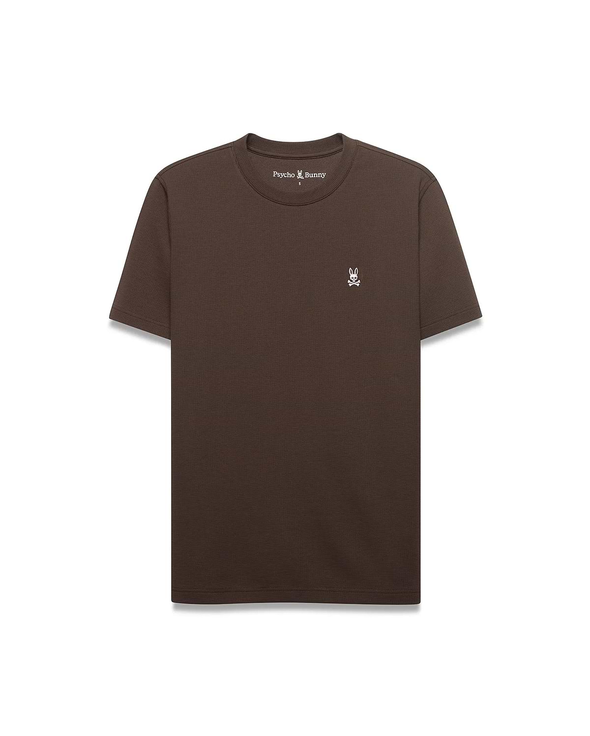 Men's Maxton Waffle Tee, a classic fit dark brown waffle knit t-shirt with a small embroidered white Psycho Bunny skull logo, featuring a pink eye, on the left chest. (4)