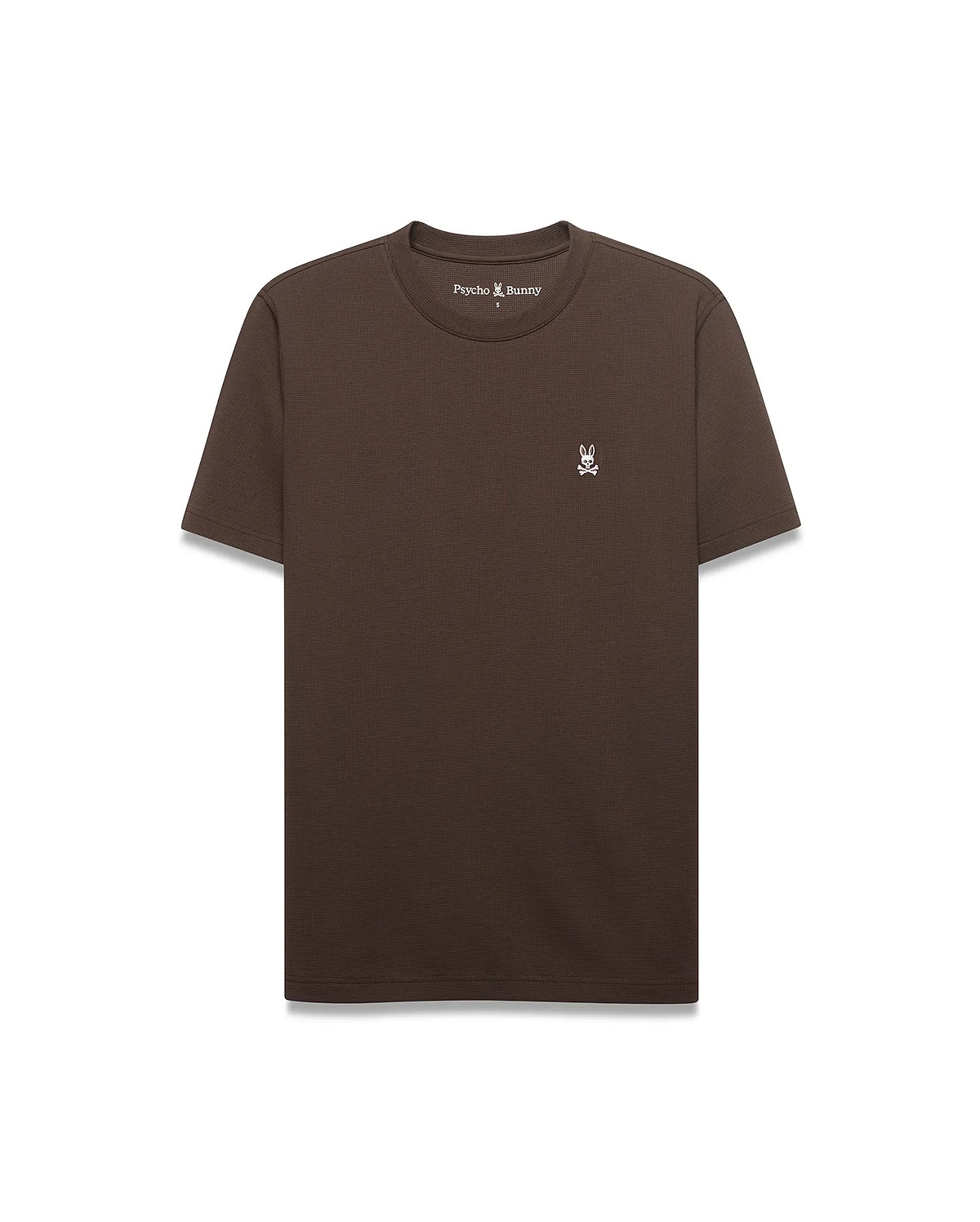 Men's Maxton Waffle Tee, a classic fit dark brown waffle knit t-shirt with a small embroidered white Psycho Bunny skull logo, featuring a pink eye, on the left chest. (4)