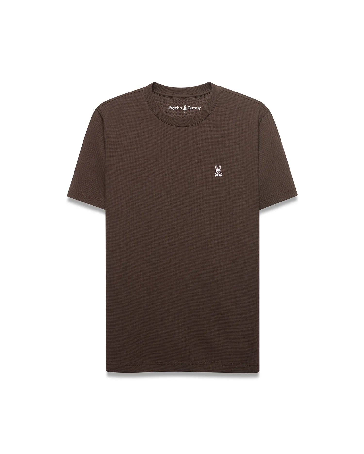 Men's Maxton Waffle Tee, a classic fit dark brown waffle knit t-shirt with a small embroidered white Psycho Bunny skull logo, featuring a pink eye, on the left chest. (4)