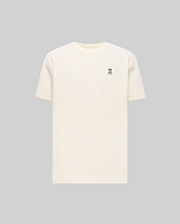 Mens Maxton Waffle Tee in cream, featuring a classic fit and textured waffle knit fabric, with a small embroidered dark blue Psycho Bunny skull logo on the left chest.