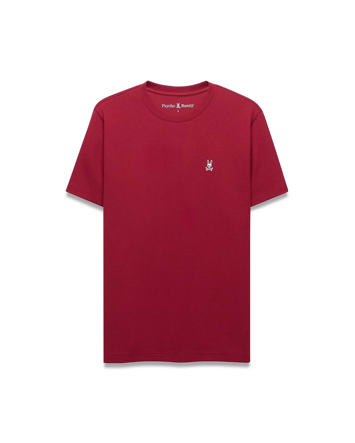 Mens Maxton Waffle Tee in deep red, featuring a classic fit and textured waffle knit fabric, with a small white embroidered Psycho Bunny skull logo on the left chest.