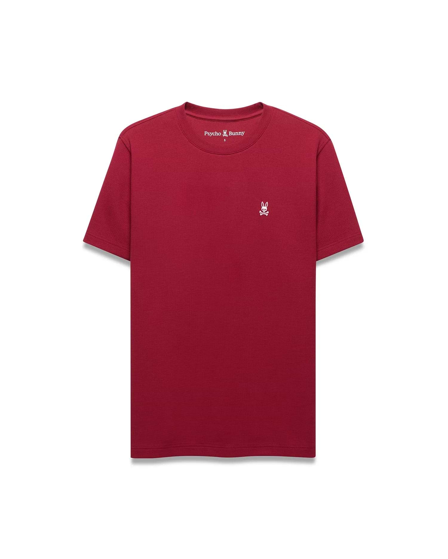 Mens Maxton Waffle Tee in deep red, featuring a classic fit and textured waffle knit fabric, with a small white embroidered Psycho Bunny skull logo on the left chest.