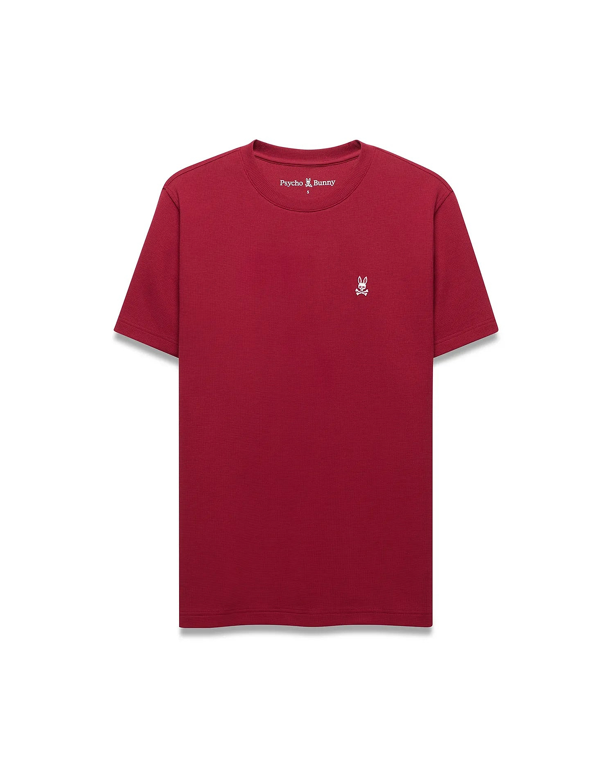 Mens Maxton Waffle Tee in deep red, featuring a classic fit and textured waffle knit fabric, with a small white embroidered Psycho Bunny skull logo on the left chest.