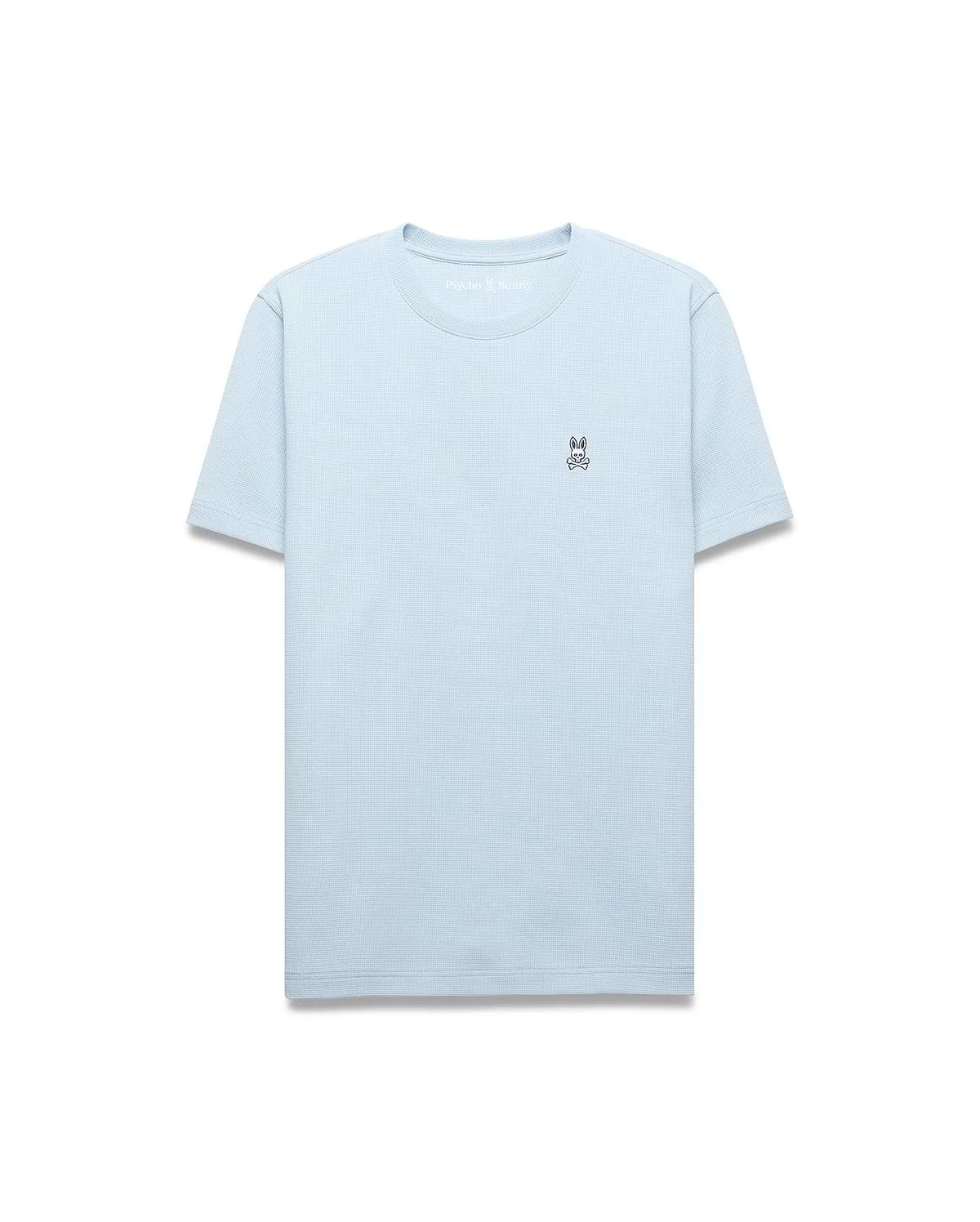 Light blue Mens Maxton Waffle Tee with a classic fit, featuring a subtle waffle knit texture and a small embroidered black and white Psycho Bunny skull logo on the left chest.