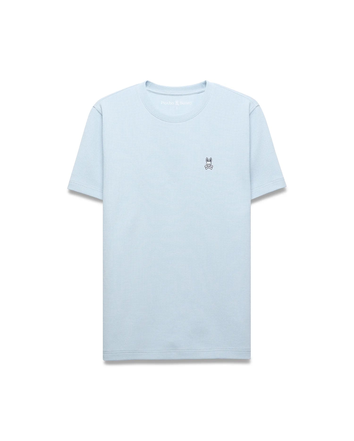 Light blue Mens Maxton Waffle Tee with a classic fit, featuring a subtle waffle knit texture and a small embroidered black and white Psycho Bunny skull logo on the left chest.