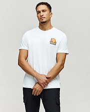Mens Crazy Bunny Graphic Tee, a white classic fit jersey knit t-shirt featuring a vibrant orange and yellow sunset graphic with black waves and Crazy Bunny text on the left chest.
