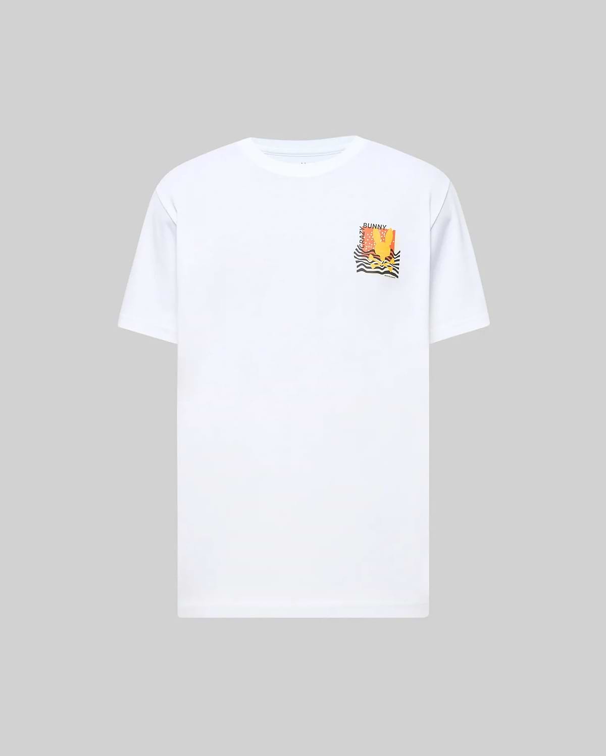 White Mens Crazy Bunny Graphic Tee, classic fit jersey t-shirt with a small chest graphic featuring an orange and yellow abstract bunny skull with black wavy lines and CRAZY BUNNY text.