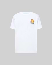 White Mens Crazy Bunny Graphic Tee, classic fit jersey t-shirt with a small chest graphic featuring an orange and yellow abstract bunny skull with black wavy lines and CRAZY BUNNY text.