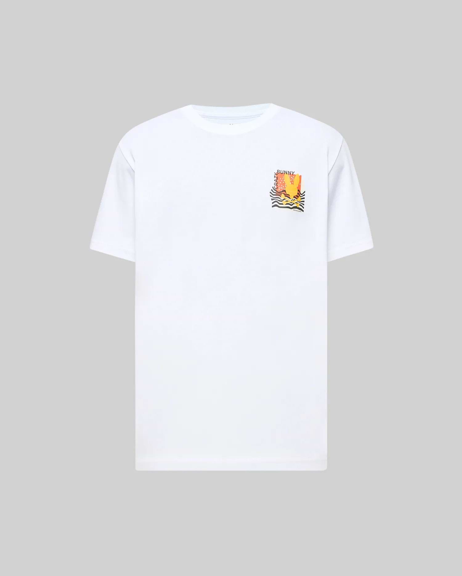 White Mens Crazy Bunny Graphic Tee, classic fit jersey t-shirt with a small chest graphic featuring an orange and yellow abstract bunny skull with black wavy lines and CRAZY BUNNY text.