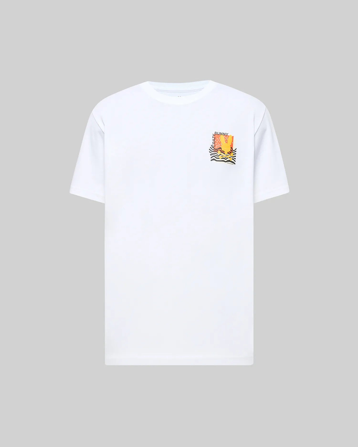 White Mens Crazy Bunny Graphic Tee, classic fit jersey t-shirt with a small chest graphic featuring an orange and yellow abstract bunny skull with black wavy lines and CRAZY BUNNY text.