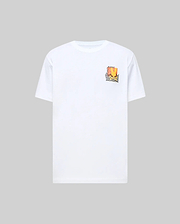 White Mens Crazy Bunny Graphic Tee, classic fit jersey t-shirt with a small chest graphic featuring an orange and yellow abstract bunny skull with black wavy lines and CRAZY BUNNY text.
