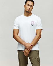 White Mens Skull Bunny Graphic Tee, classic fit, soft jersey fabric, with a vibrant pink and black vertical Skull Bunny graphic on the left chest, featuring the iconic logo and text.