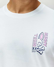 White Mens Skull Bunny Graphic Tee, classic fit, smooth jersey fabric, featuring a large navy and pink bunny skull graphic print on the left chest with SKULL BUNNY text.