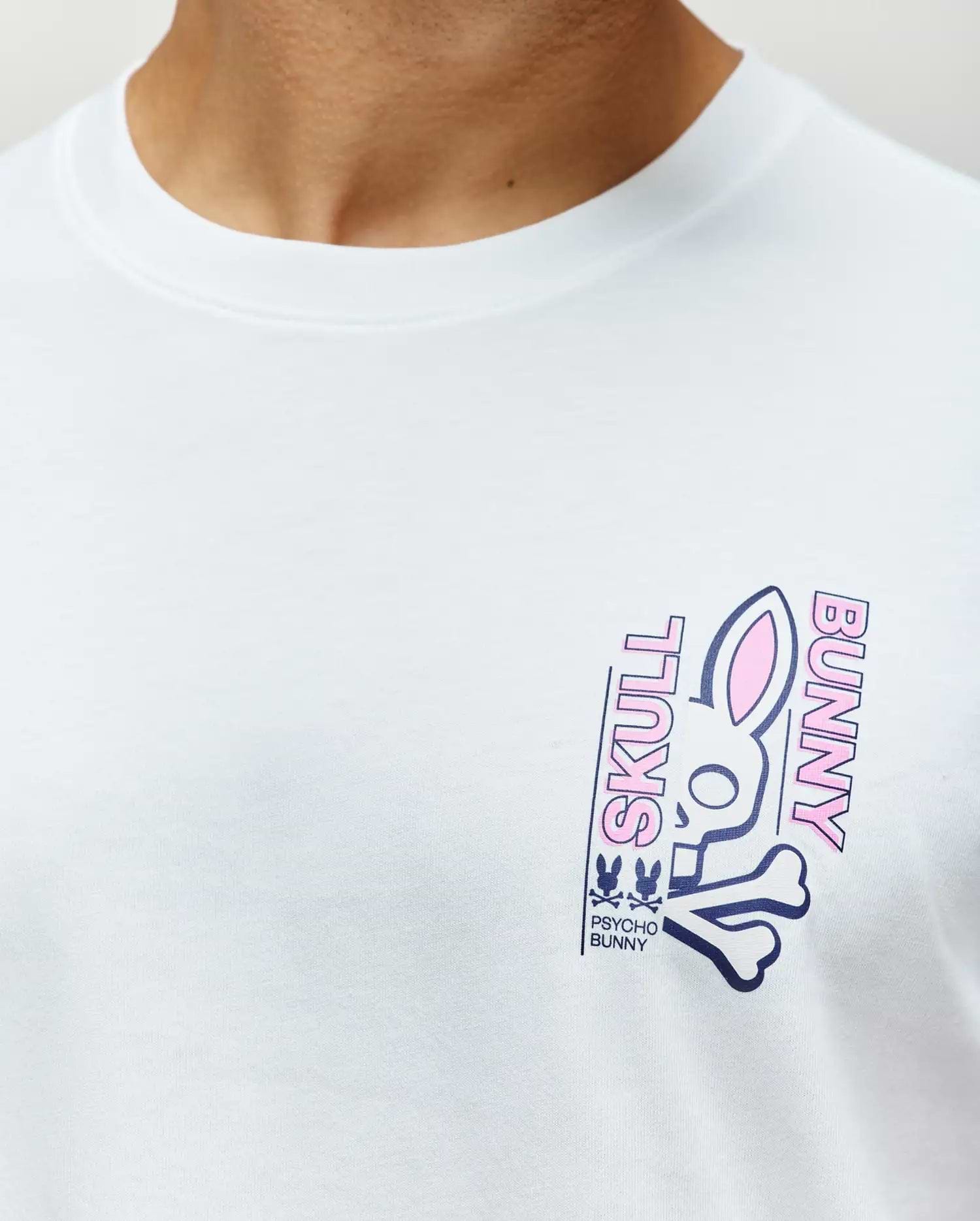 White Mens Skull Bunny Graphic Tee, classic fit, smooth jersey fabric, featuring a large navy and pink bunny skull graphic print on the left chest with SKULL BUNNY text.