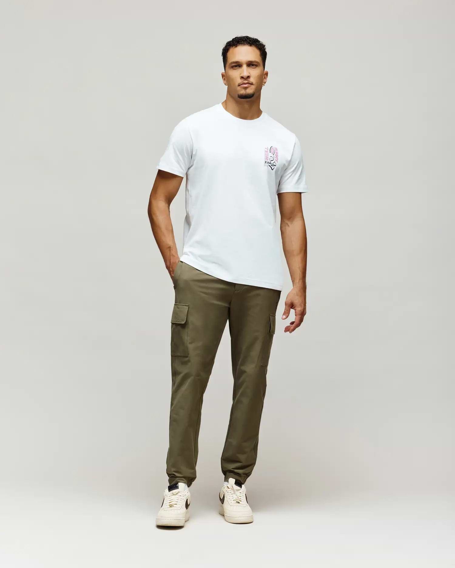White Mens Skull Bunny Graphic Tee, classic fit, soft jersey fabric, featuring a vibrant pink and black stylized bunny skull graphic with vertical Skull Bunny text on the left chest.