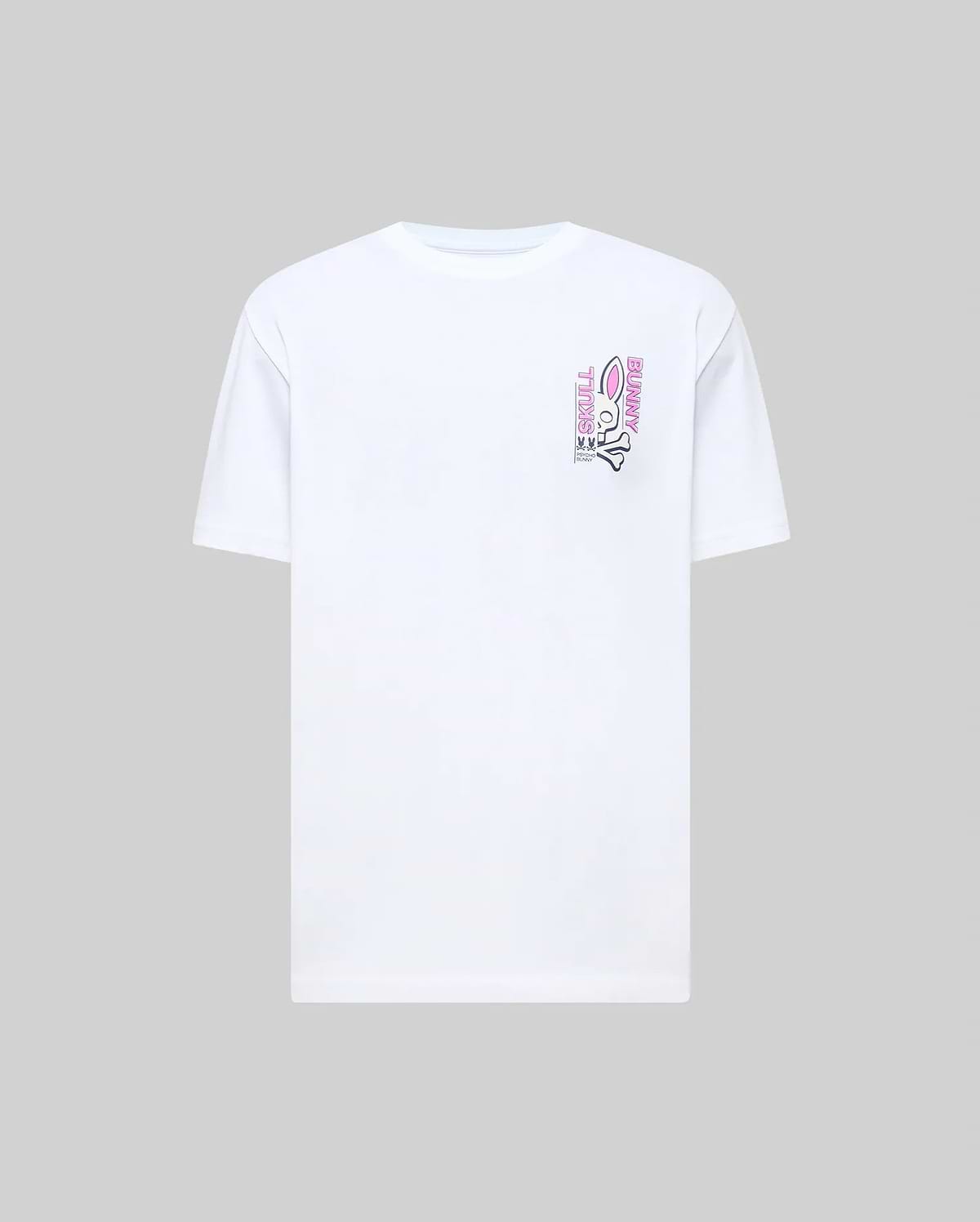 Mens Skull Bunny Graphic Tee, a white classic fit jersey knit t-shirt featuring a vibrant pink and black Skull Bunny graphic print with vertical SKULL BUNNY text on the left chest.