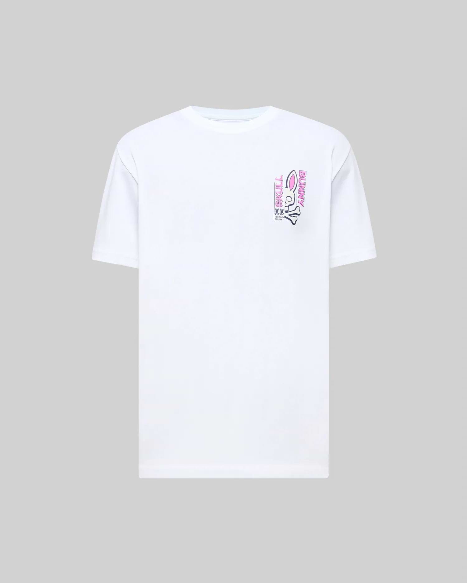 Mens Skull Bunny Graphic Tee, a white classic fit jersey knit t-shirt featuring a vibrant pink and black Skull Bunny graphic print with vertical SKULL BUNNY text on the left chest.