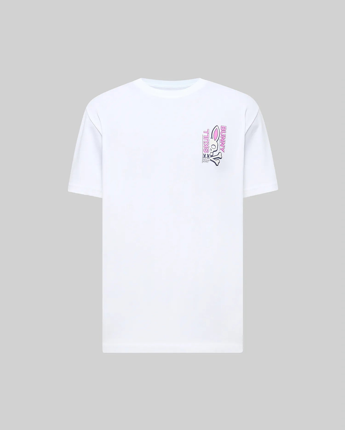 Mens Skull Bunny Graphic Tee, a white classic fit jersey knit t-shirt featuring a vibrant pink and black Skull Bunny graphic print with vertical SKULL BUNNY text on the left chest.