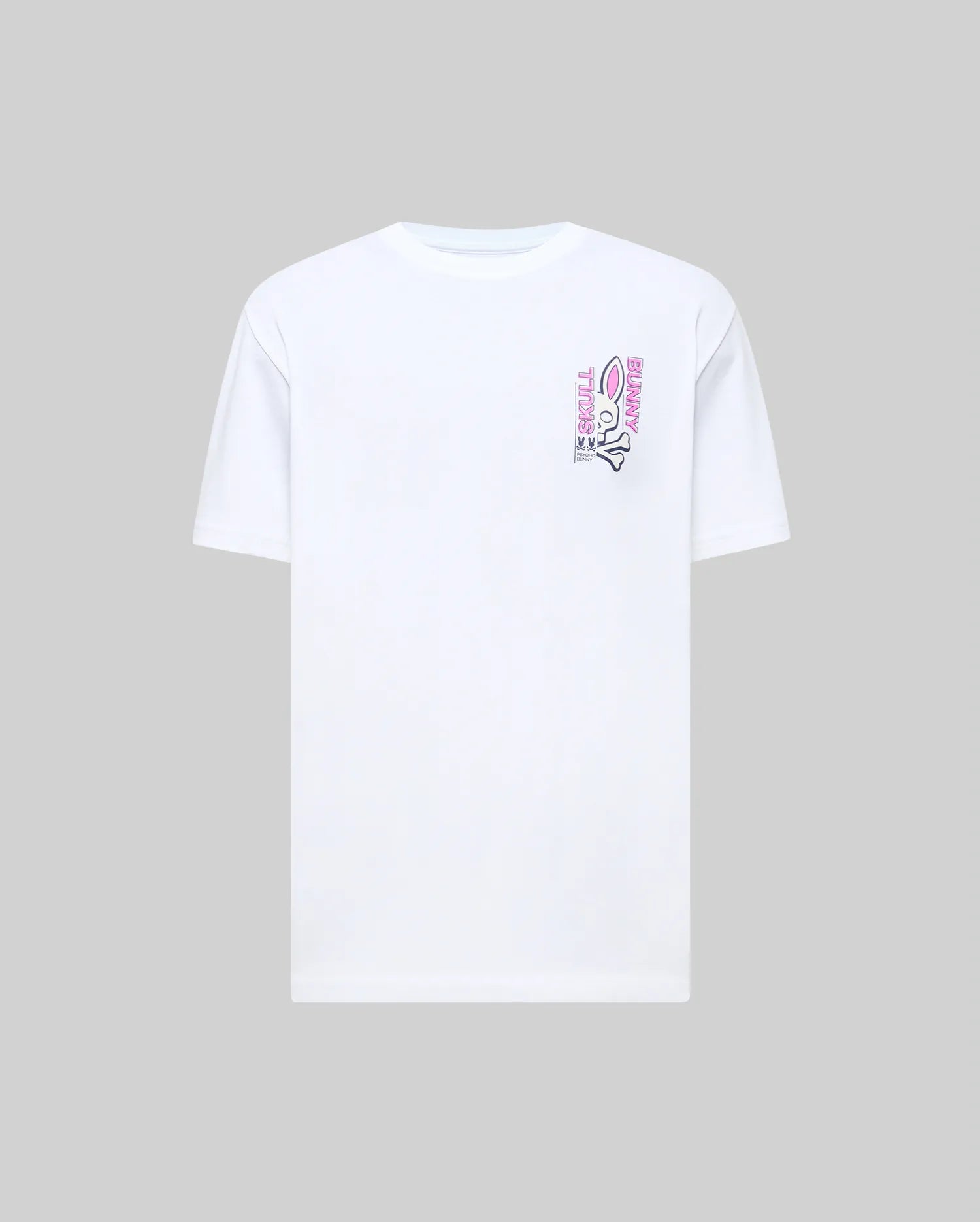 Mens Skull Bunny Graphic Tee, a white classic fit jersey knit t-shirt featuring a vibrant pink and black Skull Bunny graphic print with vertical SKULL BUNNY text on the left chest.