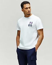 Mens Psycho Skull Graphic Tee. White classic fit jersey t-shirt featuring a prominent navy and pink Psycho Bunny skull and crossbones graphic on the left chest.