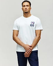 White classic fit jersey t-shirt with a navy blue and pink Psycho Bunny skull and crossbones graphic on the left chest, featuring PSYCHO BUNNY SKULL text. MENS PSYCHO SKULL GRAPHIC TEE.