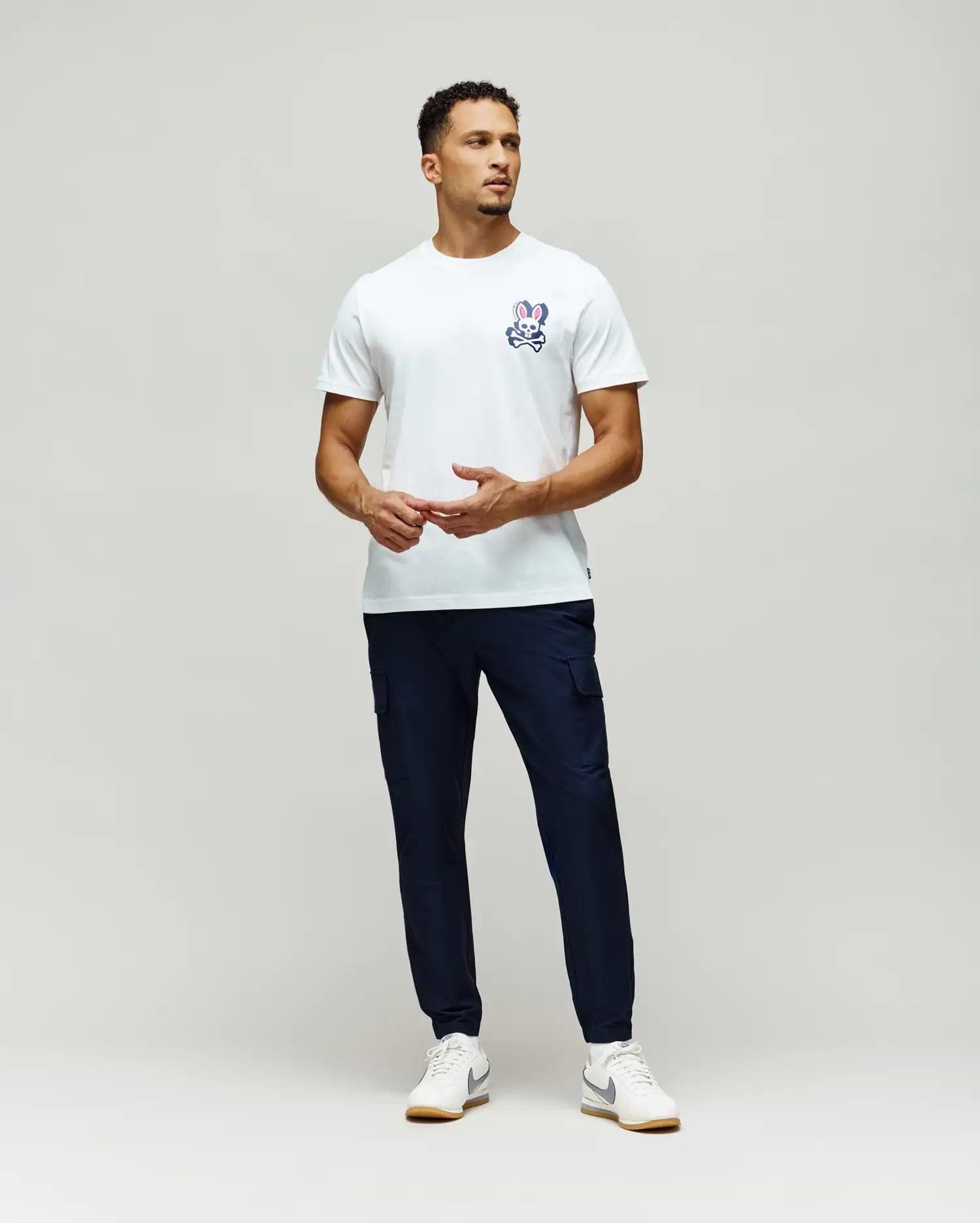 Mens Psycho Skull Graphic Tee, a classic fit white jersey t-shirt featuring a small blue, white, and pink bunny skull logo on the left chest.