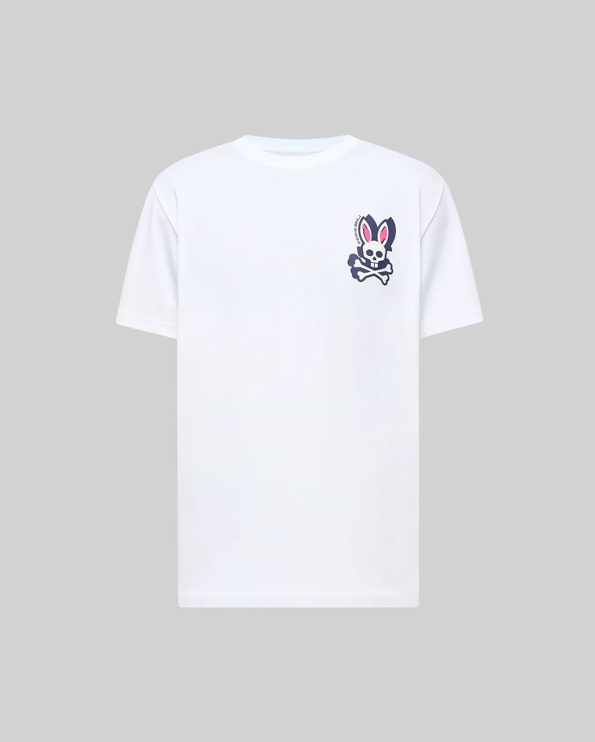 White Mens Psycho Skull Graphic Tee, classic fit, smooth jersey fabric, featuring a small left chest graphic of the navy and pink Psycho Bunny skull and crossbones logo with vertical branding.