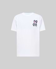 White Mens Psycho Skull Graphic Tee, classic fit, smooth jersey fabric, featuring a small left chest graphic of the navy and pink Psycho Bunny skull and crossbones logo with vertical branding.