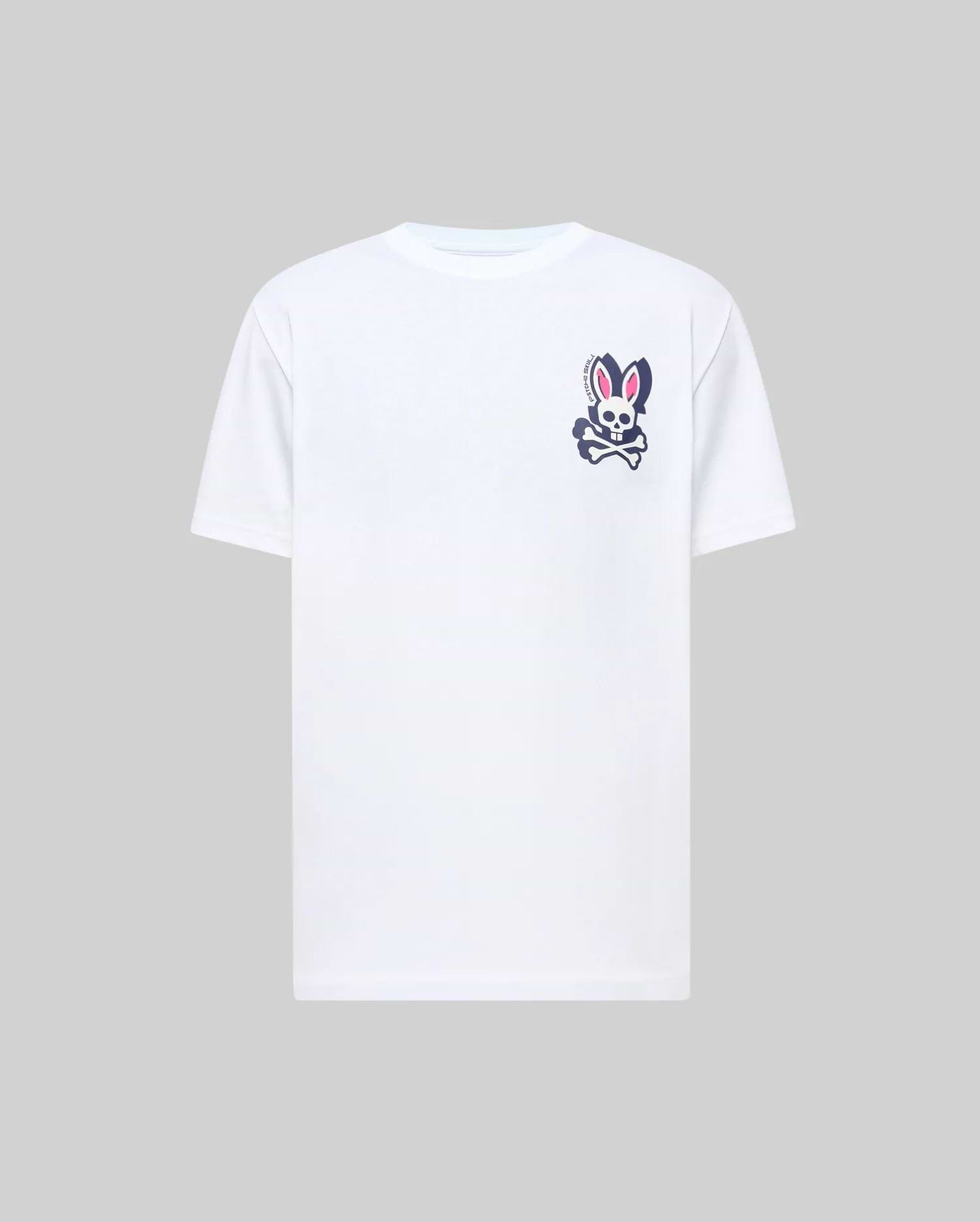 White Mens Psycho Skull Graphic Tee, classic fit, smooth jersey fabric, featuring a small left chest graphic of the navy and pink Psycho Bunny skull and crossbones logo with vertical branding.
