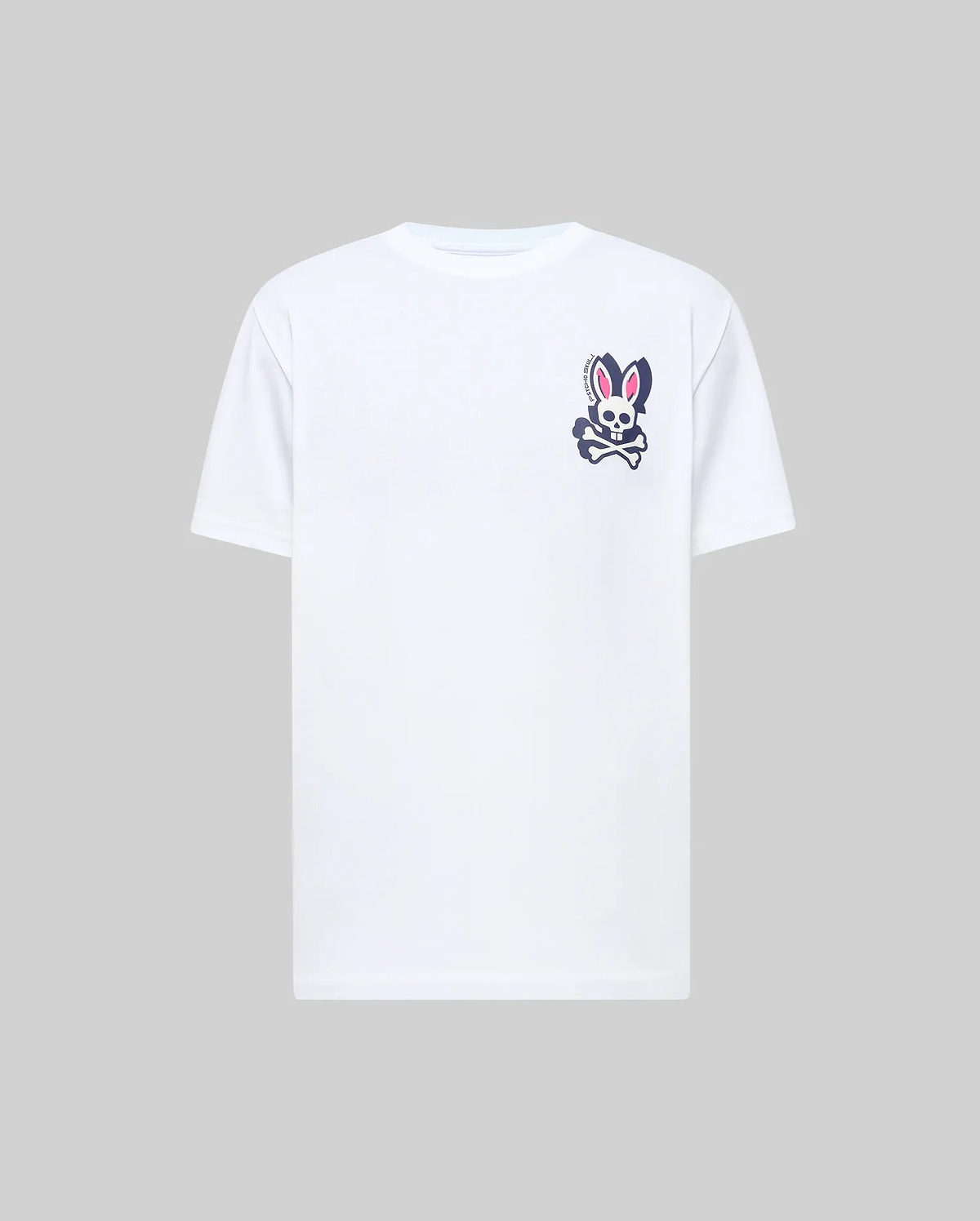 White Mens Psycho Skull Graphic Tee, classic fit, smooth jersey fabric, featuring a small left chest graphic of the navy and pink Psycho Bunny skull and crossbones logo with vertical branding.